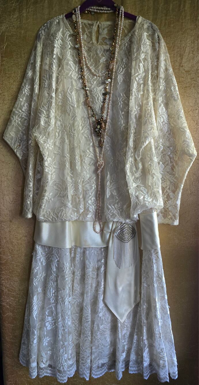 VTG 80s Does 1920s Flapper Dress Cream Lace Drop Waist Gatsby XL 1X ILGWU